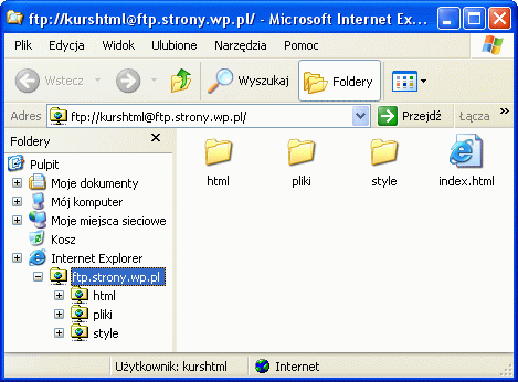 Okno programu Eksplorator plików po połączeniu z serwerem FTP
