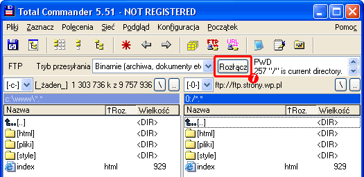 Okno programu Total Commander po połączeniu z serwerem FTP