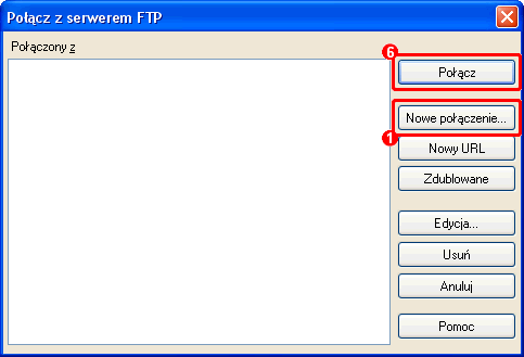 Okno dialogowe Połącz z serwerem FTP z listą połączeń